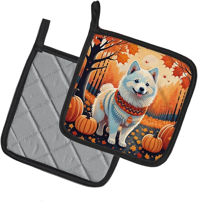 Caroline's Treasures DAC1006PTHD American Eskimo Fall Pair of Pot Holders Kitchen Heat Resistant Pot Holders Sets Oven Hot Pads for Cooking Baking BBQ, 7 1/2 x 7 1/2