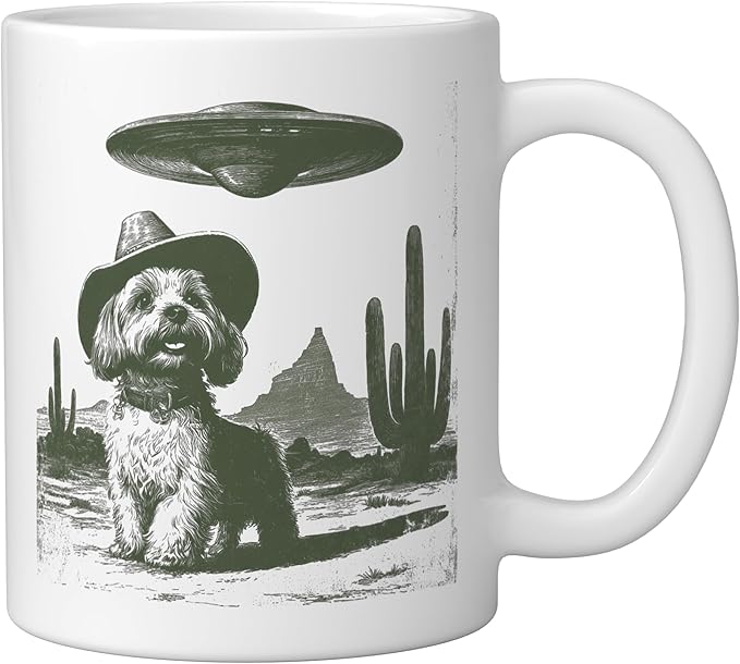 Retro Cowboy Dog UFO Desert Landscape Art Ceramic Mug, White