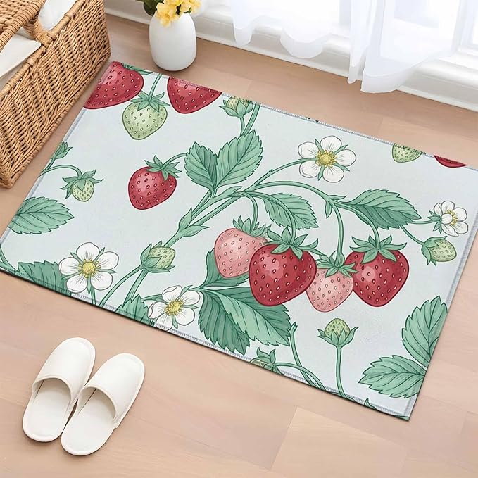 Area Rug 2x3ft, Strawberries White Flowers Washable Rugs for Living Room Bedroom, Rustic Garden Botanical Soft Non-Slip Area Rugs Rectangle Floor Carpet for Dining Room