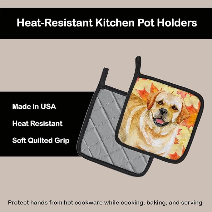 Caroline's Treasures BB9925PTHD Golden Retriever Fall Pair of Pot Holders, Yellow Kitchen Heat Resistant Pot Holders Sets Oven Hot Pads for Cooking Baking BBQ, 7 1/2 x 7 1/2