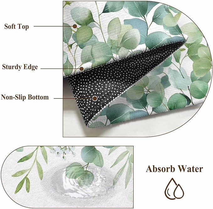 Sage Green Eucalyptus Leaves 5ft Round Rug, Farmhouse Botanical Non-Skid Rubber Backing Large Area Rugs - Living Room Bedroom Home Office, Country Indoor Floor Mat Carpets Washable Rug