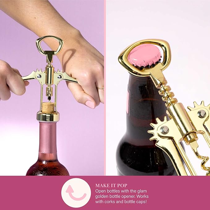 Paris Hilton Wine Bottle Chiller Set, Insulated Double Wall Chiller, Gold Winged Corkscrew Wine Bottle Opener, Diamond Wine Stopper, 3-Piece Set, Pink