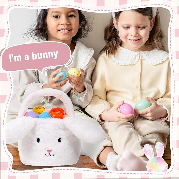 Easter Baskets for Kids,Plush Egg Hunting Easter Buckets with Handle Folded Ears, Gifts Boys Girls