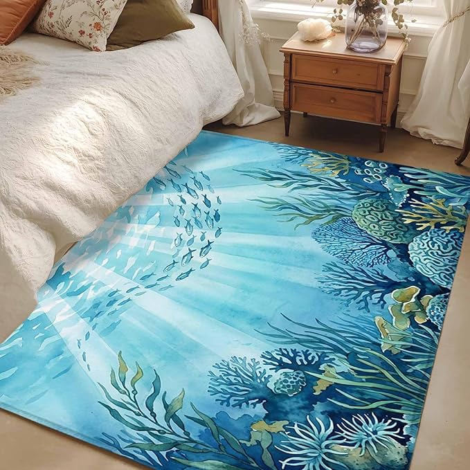 Area Rug 3x5ft, Underwater World Coral Seaweed Washable Rugs for Living Room Bedroom, Seafloor Ocean Life Fish Soft Non-Slip Area Rugs Rectangle Floor Carpet for Dining Room