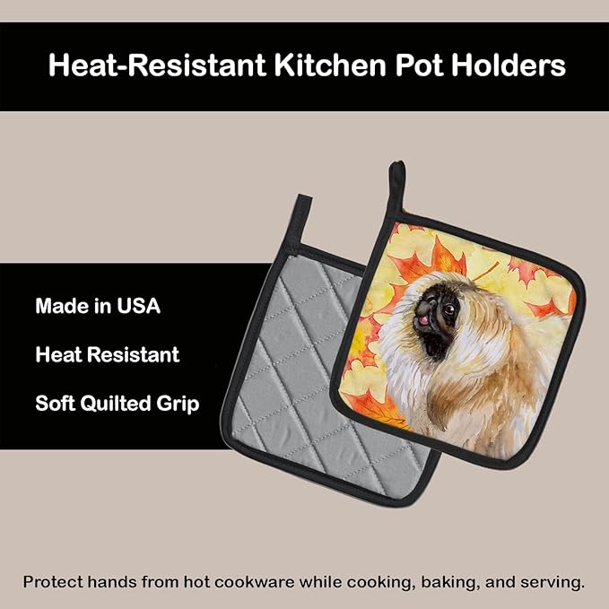Caroline's Treasures BB9942PTHD Pekingese Fall Pair of Pot Holders, Yellow Kitchen Heat Resistant Pot Holders Sets Oven Hot Pads for Cooking Baking BBQ, 7 1/2 x 7 1/2