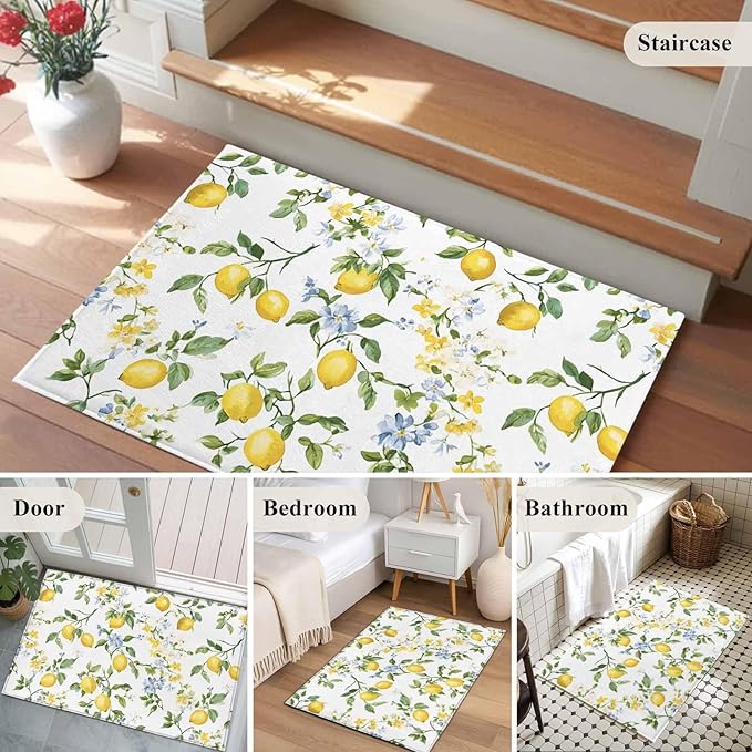 Area Rug 2x3ft, Summer Watercolor Lemon Flower Washable Rugs for Living Room Bedroom, Spring Farm Fruit Green Leaf Soft Non-Slip Area Rugs Rectangle Floor Carpet for Dining Room