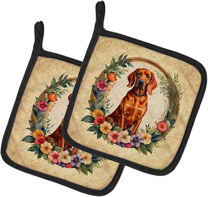 Caroline's Treasures Redbone Coonhound and Flowers Pair of Pot Holders Kitchen Heat Resistant Pot Holders Sets Oven Hot Pads for Cooking Baking BBQ, 7 1/2 x 7 1/2
