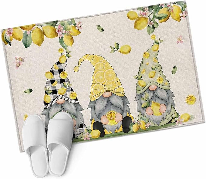 Area Rug 2x3ft, Summer Gnome with Lemon Washable Rugs for Living Room Bedroom, Farmhouse Dwarf Fruit on Linen Soft Non-Slip Area Rugs Rectangle Floor Carpet for Dining Room