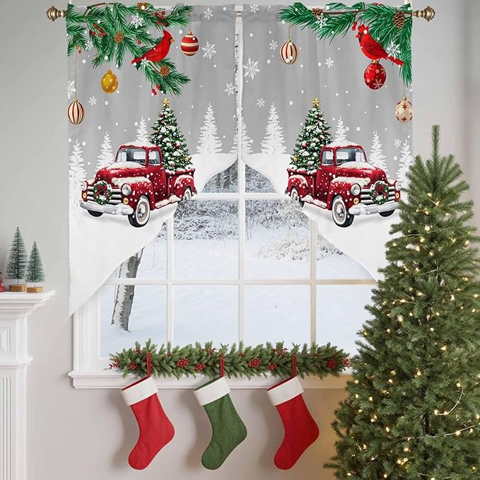 Red Christmas Truck Swag Valance Curains Winter Car with Xmas Tree Leaf Bird Grey Rod Pocket Kitchen Curtains Scalloped Window Treatment Valances Swag for Living Room Bedroom, 1 Pair, 28" W x 36" L