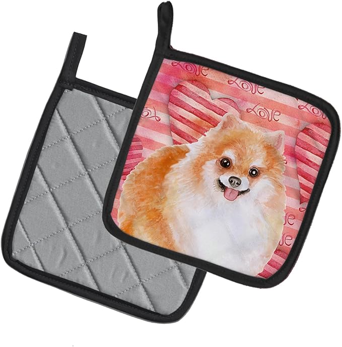 Caroline's Treasures BB9803PTHD Pomeranian #2 Love Pair of Pot Holders, Red Kitchen Heat Resistant Pot Holders Sets Oven Hot Pads for Cooking Baking BBQ, 7 1/2 x 7 1/2