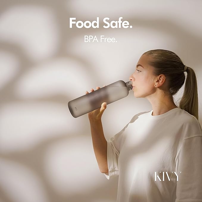 KIVY Slim Water Bottle 32oz [Lightweight & Shatterproof] Fits Backpack & Cupholder for Travel, Sports, School, Gym - Black water bottle no straw for Men - Screw top - Dishwasher Safe