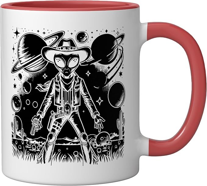 Alien Lover Flying Saucer UFO Extraterrestrial Cowboy Ceramic Mug, Red/White