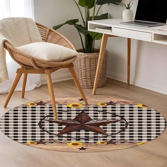Washable Round Area Rug Western Star Farm Sunflower Circle Rugs Floor Carpet for Living Room Bedroom, Vintage Wood Grain Black Buffalo Plaid Soft Non Slip Round Rug 4ft