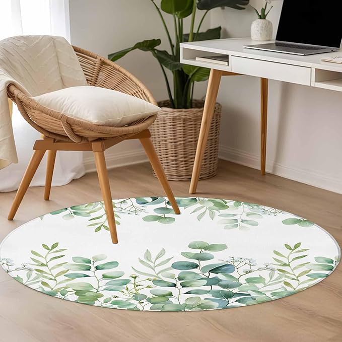 Sage Green Eucalyptus Leaves 4ft Round Rug, Farmhouse Botanical Non-Skid Rubber Backing Large Area Rugs - Living Room Bedroom Home Office, Country Indoor Floor Mat Carpets Washable Rug