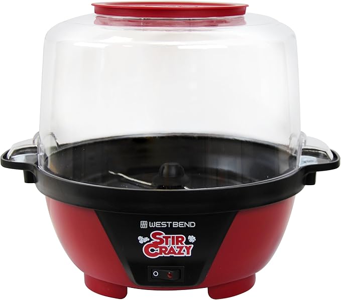 West Bend Stir Crazy Hot Oil Popcorn Popper, Popcorn Maker Machine with Large Serving Bowl Lid and Stirring Rod Perfect for Movie Night Snack Time or Parties, 6-Quart, Red