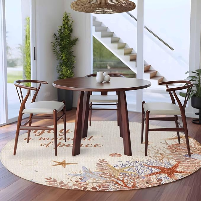 Washable Round Area Rug Orange Marine Starfish Coral Seaweed Circle Rugs Floor Carpet for Living Room Bedroom, Peace Quote on Linen Soft Non Slip Round Rug 5ft