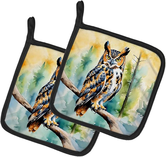 Caroline's Treasures Great Horned Owl Pair of Pot Holders Kitchen Heat Resistant Pot Holders Sets Oven Hot Pads for Cooking Baking BBQ, 7 1/2 x 7 1/2