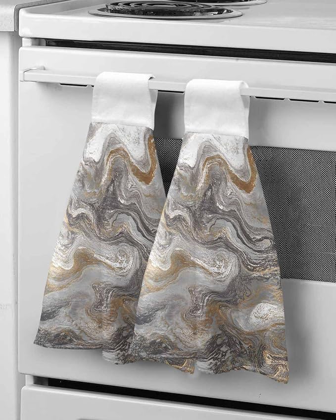 Alandar Home Kitchen Tie Towel Set of 2, Abstract Black Grey Marble Texture Absorbent Soft Hand Towels for Bathroom Hanging Towels, Modern Fluid Art Fast Drying Cleaning Cloth with Loop