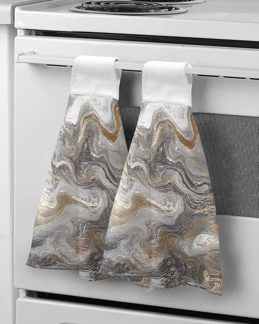 Alandar Home Kitchen Tie Towel Set of 2, Abstract Black Grey Marble Texture Absorbent Soft Hand Towels for Bathroom Hanging Towels, Modern Fluid Art Fast Drying Cleaning Cloth with Loop