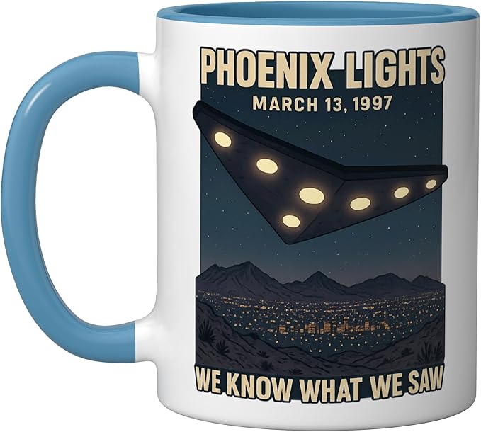 Phoenix Lights UFO V Shaped Flying Saucer Alien Ceramic Mug, Blue/White