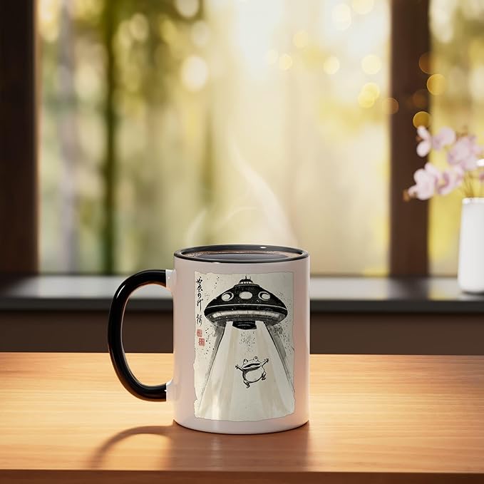 Ukiyo-e Style UFO Abducting Cute Frog Ink Art Painting Ceramic Mug, Black/White