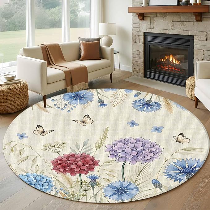 Washable Round Area Rug Spring Watercolor Garden Flower Circle Rugs Floor Carpet for Living Room Bedroom, Hydrangea Floral on Burlap Soft Non Slip Round Rug 5ft