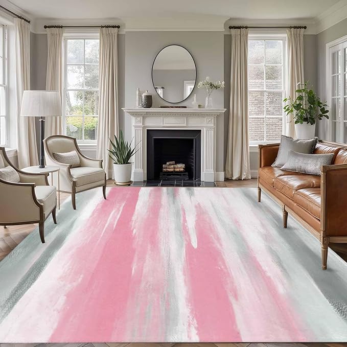 Area Rug 6x9ft, Pink Grey Mottled Texture Seamless Washable Rugs for Living Room Bedroom, Gradient Abstract Art Soft Non-Slip Area Rugs Rectangle Floor Carpet for Dining Room