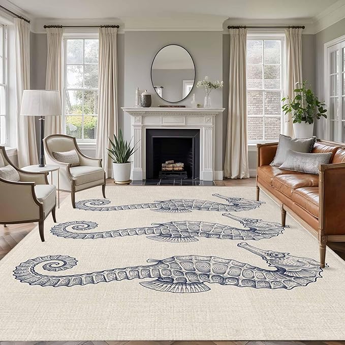 Area Rug 9x12ft, Marine Life Seahorse on Burlap Washable Rugs for Living Room Bedroom Rectangle Floor Carpet, Farmhouse Ocean Theme Soft Non-Slip Area Rugs for Dining Room
