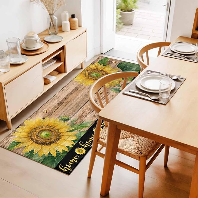 Runner Rug for Bedroom Hallway, Summer Sunflowers Bees Kitchen Runner Rugs Area Rug 2x6ft, Farmhouse Wood Background Washable Soft Floor Carpet for Entryway Stair
