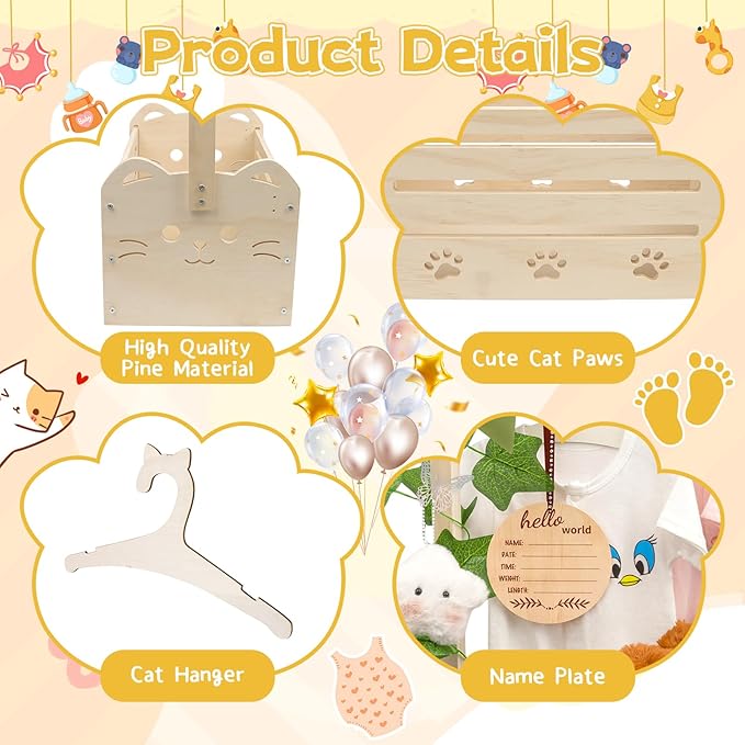 Wooden Baby Shower Crate Closet, Cute Cat Baby Shower Closet Basket with Handle, Gender Reveal Storage Box for Pregnancy New Parent, Personalized Baby Gifts Basket