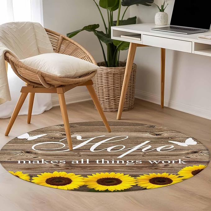 Washable Round Area Rug Farm Sunflower Positive Energy Quote Circle Rugs Floor Carpet for Living Room Bedroom, Retro Dark Brown Wood Grain Soft Non Slip Round Rug 4ft