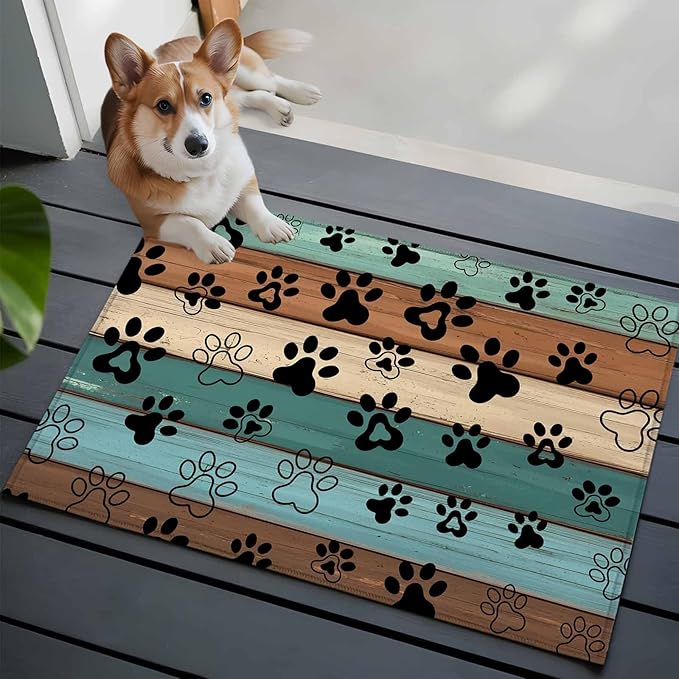 Area Rug 2x3ft, Farm Brown Wood Board Washable Rugs for Living Room Bedroom, Dog Paw Print Animal Footprint Soft Non-Slip Area Rugs Rectangle Floor Carpet for Dining Room
