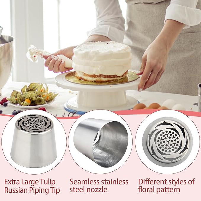 Extra Large Russian Piping Tip Set - 10 Stainless Steel Marshmallow Buttercream Framing Nozzles for Roses Tulip Cake Decorations and Bouquets, Includes 1 Leaf Nozzles and 1 Cleaning Brush(10B)