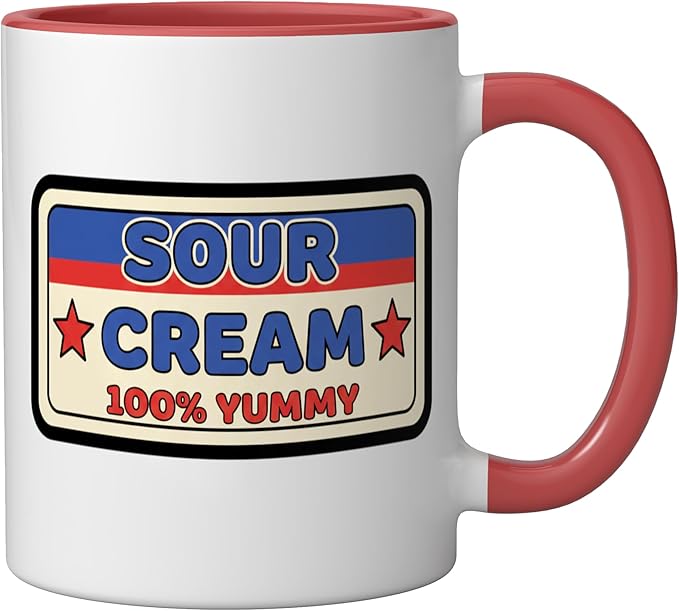 Sour Cream 100% Yummy Retro Food Label Vintage Snack Ceramic Mug, Red/White