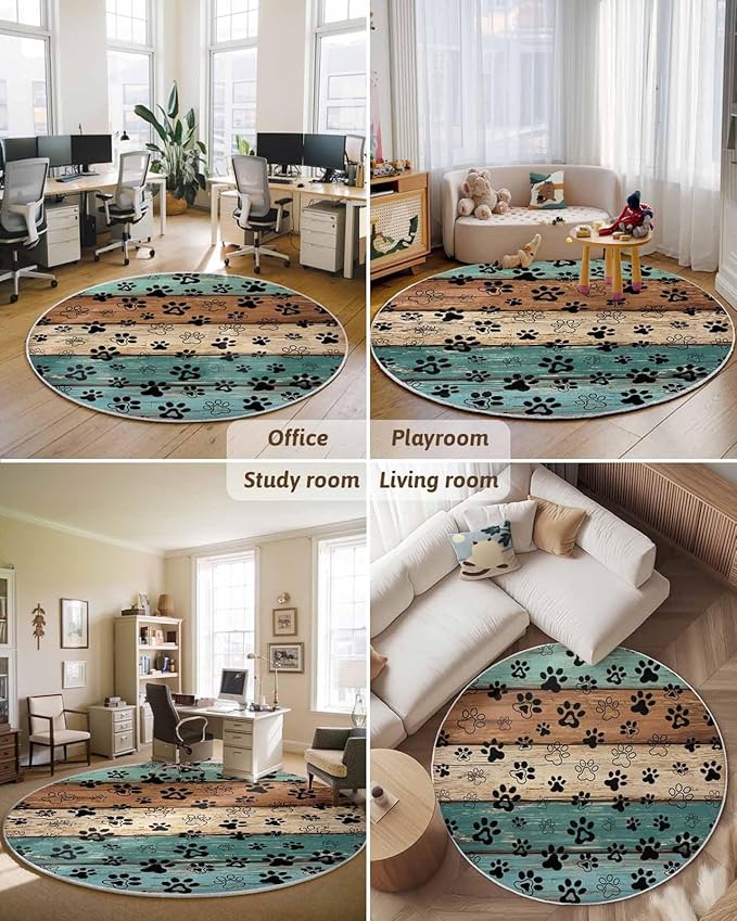 Round Area Rug,Dog Paw Farm Brown Wood Board Circle Living Room Rug Non-Slip Rugs Indoor Carpet,Animal Footprint Retro Wooden Soft Comfort Rugs for Bedroom KidsRoom Nursery