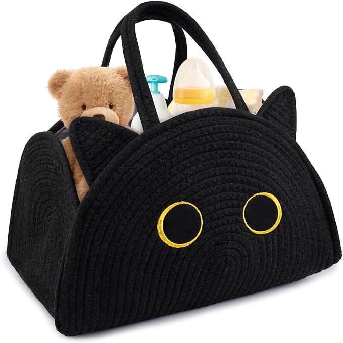 Black Cat Baby Diaper Caddy Organizer, Cute Cat Woven Cotton Rope Basket for Nursery, Portable Caddy Empty Gift Basket, Large Bag Baby Shower Towels Wipes for Newborn Essentials Storage Bins
