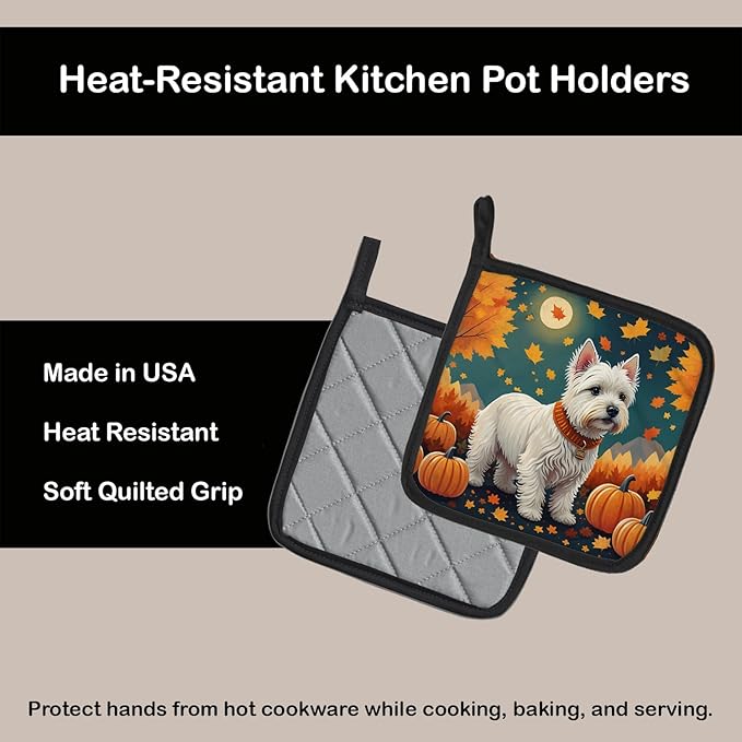 Caroline's Treasures DAC1080PTHD Westie Fall Pair of Pot Holders Kitchen Heat Resistant Pot Holders Sets Oven Hot Pads for Cooking Baking BBQ, 7 1/2 x 7 1/2
