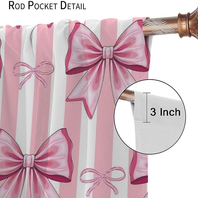 Pink Bowknot Blackout Curtain,Girls Kids Cute Bow Stripe Abstract Window Treatment Curtains Dining Room Living Room Kitchen Cafe Bedroom Office Nursery Drapes Decor,42x45 in