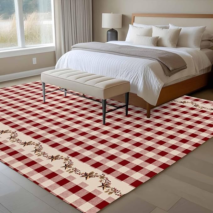 Area Rug 6x9ft, Vintage Red Buffalo Plaid Berry Washable Rugs for Living Room Bedroom, Farmhouse Western Star Soft Non-Slip Area Rugs Rectangle Floor Carpet for Dining Room
