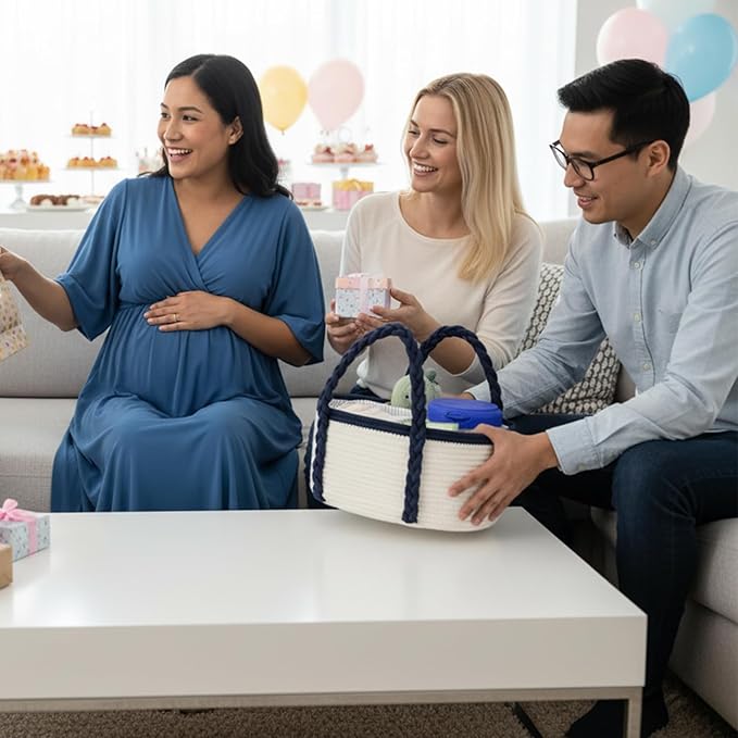 Baby Diaper Caddy, Portable Diaper Organizer for Changing Table, Car Travel Baby Shower Gifts Newborn Essentials, Cotton Rope Nursery Storage Basket for Boys (White＆Navy Blue)