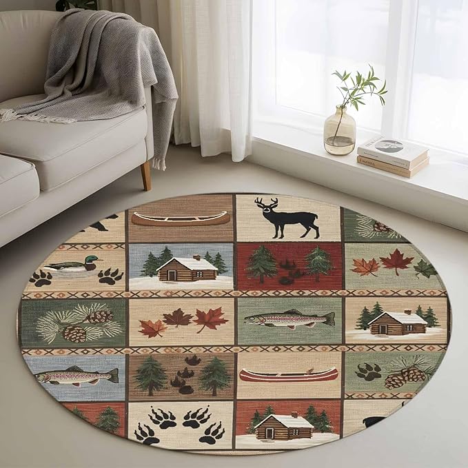 Washable Round Area Rug Vintage Bear Forest Deer Fish Village Circle Rugs Floor Carpet for Living Room Bedroom, Retro Wildlife Themes Soft Non Slip Round Rug 3ft