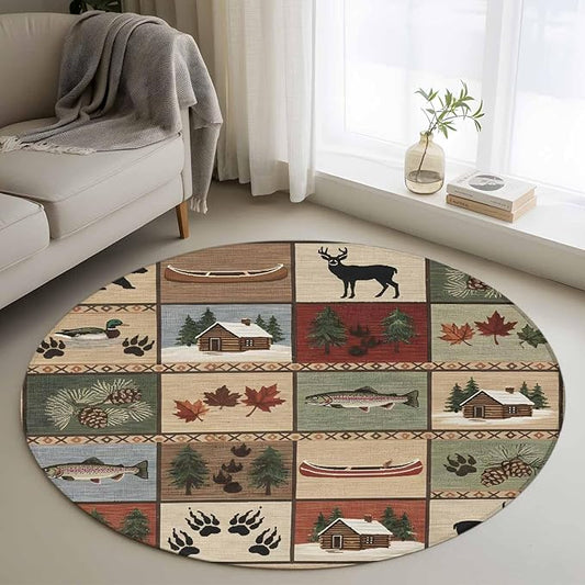 Washable Round Area Rug Vintage Bear Forest Deer Fish Village Circle Rugs Floor Carpet for Living Room Bedroom, Retro Wildlife Themes Soft Non Slip Round Rug 3ft