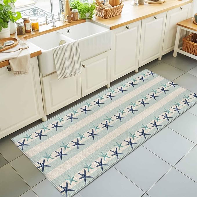 Runner Rug for Bedroom Hallway, Summer Ocean Blue Teal Starfish Kitchen Runner Rugs Area Rug 2x6ft, Sea Star on Farmhouse Linen Washable Soft Floor Carpet for Entryway Stair