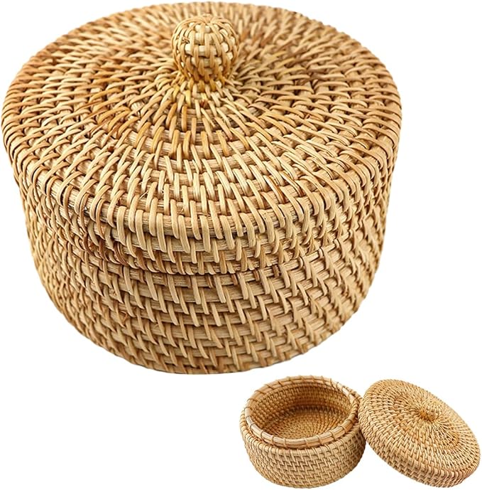 DOERDO Round Rattan Storage Basket with Lid, Hand Woven Rattan Storage Box for Jewelry Fruit Snacks Basket, 5.5x3.9 Inch