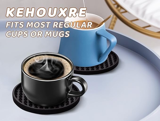 Coasters for Drinks 6 Pack Drinking Coaster with Holder,Heat Resistant Silicone Cup Mat Tabletop Protection,Non-Slip Rubber Coasters for Kinds of Cups (Black)