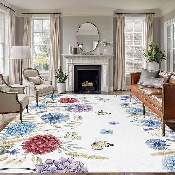 Area Rug 8x10ft, Watercolor Hydrangea Flower Washable Rugs for Living Room Bedroom, Garden Floral Butterfly Leaves Soft Non-Slip Area Rugs Rectangle Floor Carpet for Dining Room