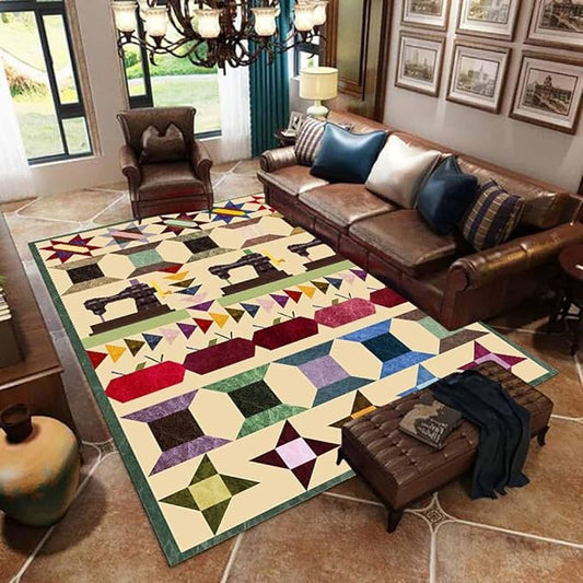 Old-Fashioned Sewing Elements Rug for Conference Room Non-Slip Colorful Geometric Triangle Print Carpet Balcony Decor Low Pile Sewing Machine Themed Area Rug Soft Mats 6'x9'