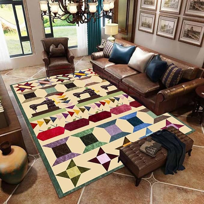 Abstract Sewing Elements Pattern Rugs for Dining Room Non-Slip Colorful Sewing Equipment Accessories Area Rug Craft Room Decor Triangle Print Carpet Mats 4'x6'