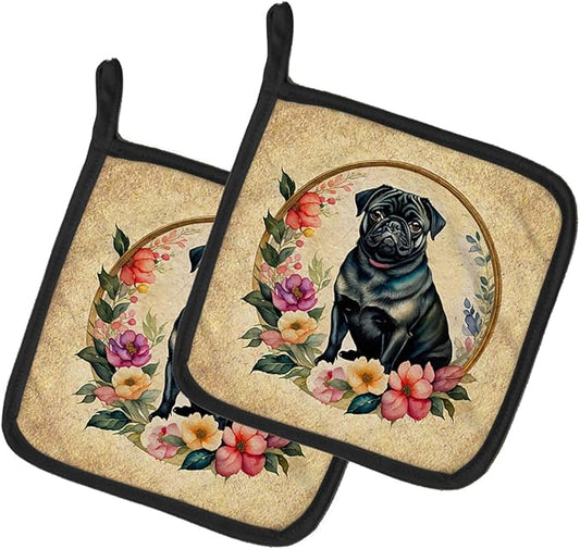 Caroline's Treasures Black Pug and Flowers Pair of Pot Holders Kitchen Heat Resistant Pot Holders Sets Oven Hot Pads for Cooking Baking BBQ, 7 1/2 x 7 1/2