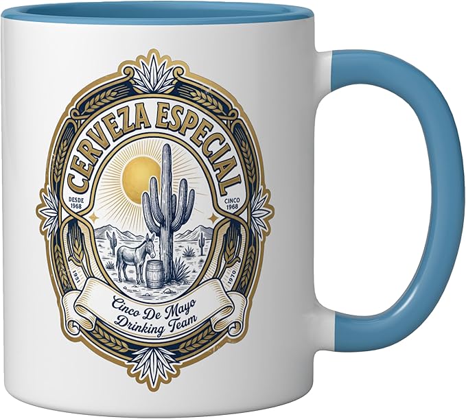 Beer Label Cerveza Cinco De Mayo Drinking Team Ceramic Mug, Blue/White